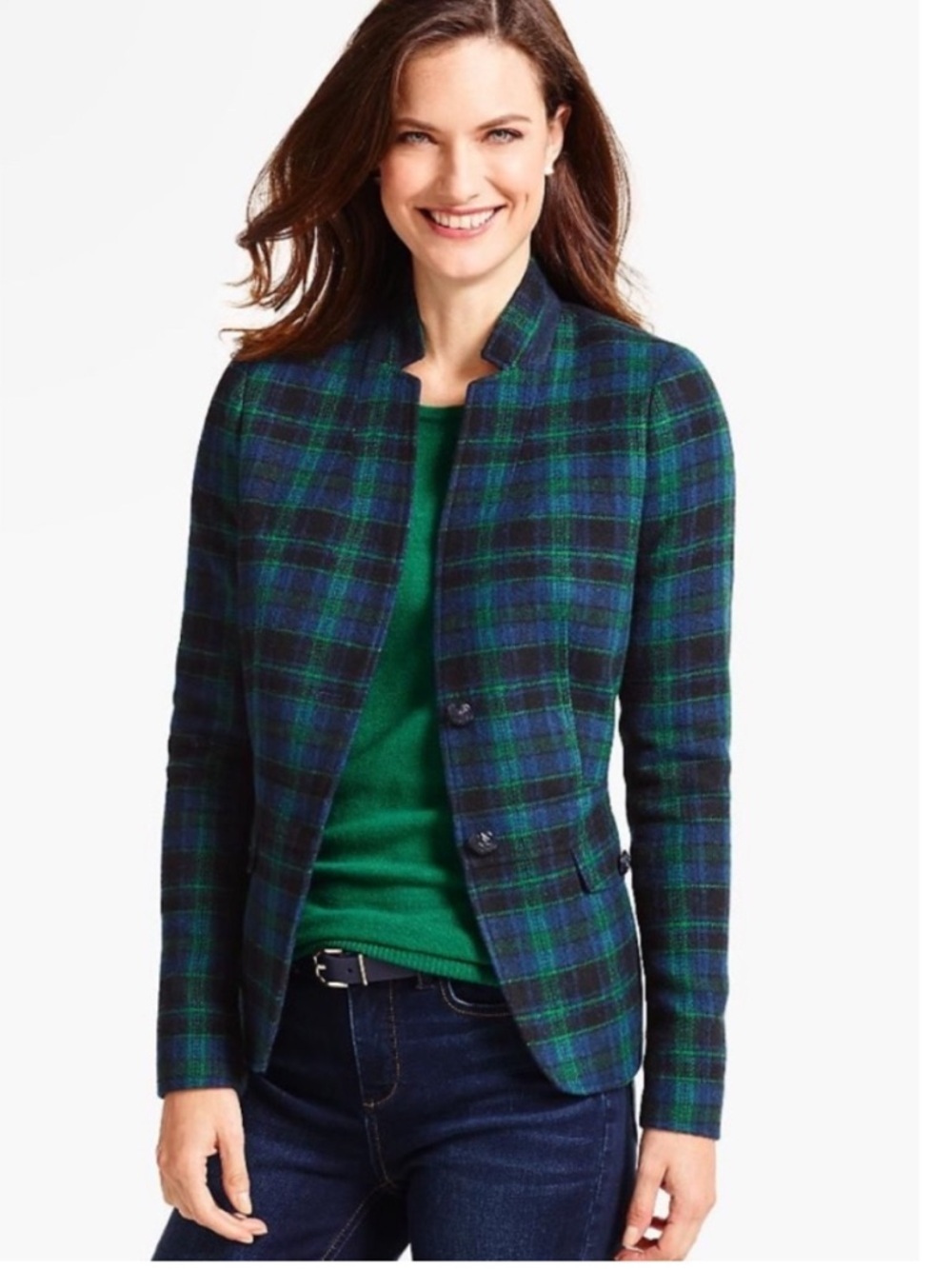 TALBOTS Green Blue Tartan Plaid Blazer Wool Blend Academia Preppy Work Size 8